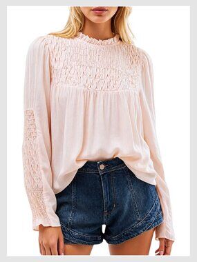 FREE PEOPLE Smocked in Time Pink Rose Ruffle Neck smocked‎ Blouse Top XS
